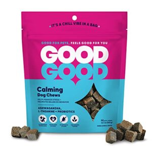 goodgood calming dog supplements; helps manage stress and nervousness; chewable soft treats with ashwagandha, chamomile, l-theanine; probiotics; 90 natural flavor chews