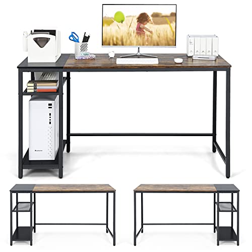 COSTWAY Industrial Home Office Desk, 55” Reversible Computer Desk w/Splice Tabletop & 2-Tier Storage Rack, Study Writing Desk w/Heavy-Duty Steel Frame & Adjustable Mesh Shelf, Black + Rustic Brown