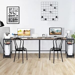 COSTWAY Industrial Home Office Desk, 55” Reversible Computer Desk w/Splice Tabletop & 2-Tier Storage Rack, Study Writing Desk w/Heavy-Duty Steel Frame & Adjustable Mesh Shelf, Black + Rustic Brown