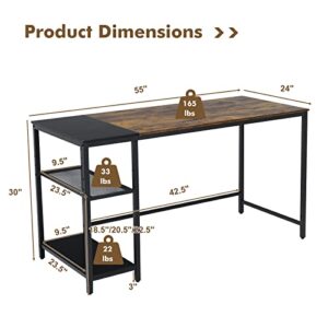 COSTWAY Industrial Home Office Desk, 55” Reversible Computer Desk w/Splice Tabletop & 2-Tier Storage Rack, Study Writing Desk w/Heavy-Duty Steel Frame & Adjustable Mesh Shelf, Black + Rustic Brown