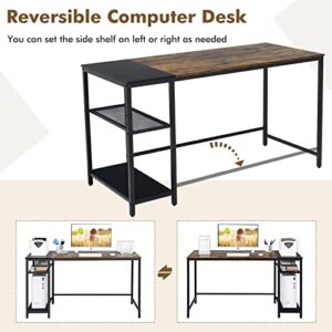 COSTWAY Industrial Home Office Desk, 55” Reversible Computer Desk w/Splice Tabletop & 2-Tier Storage Rack, Study Writing Desk w/Heavy-Duty Steel Frame & Adjustable Mesh Shelf, Black + Rustic Brown