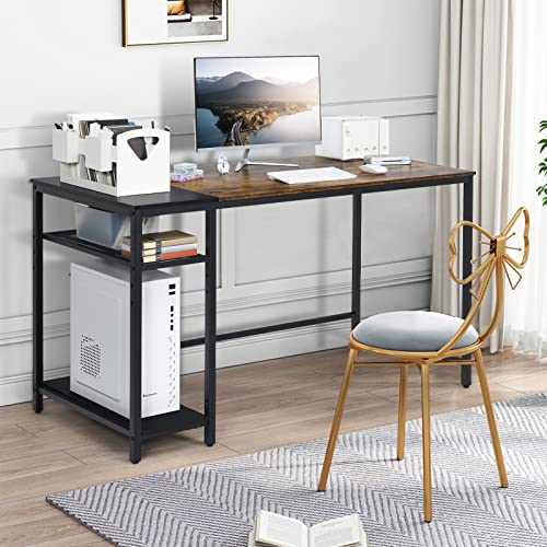 COSTWAY Industrial Home Office Desk, 55” Reversible Computer Desk w/Splice Tabletop & 2-Tier Storage Rack, Study Writing Desk w/Heavy-Duty Steel Frame & Adjustable Mesh Shelf, Black + Rustic Brown