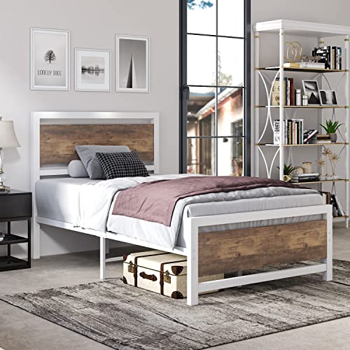 HOMBCK White Twin Bed Frame with Headboard, White Metal Bed Frame Twin with Heavy Duty Slats, Twin Bed Frame No Box Spring Needed, Easy Assembly, White