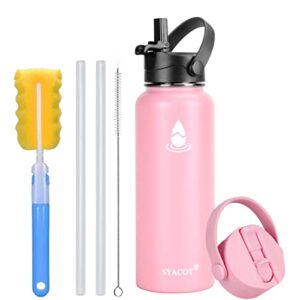 syacot 32 oz 40 oz 64 oz stainless steel water bottle, insulated double wall vacuum leak proof water flask, metal thermo canteen mug —wide mouth with 2 straw lids (40 oz, pink)