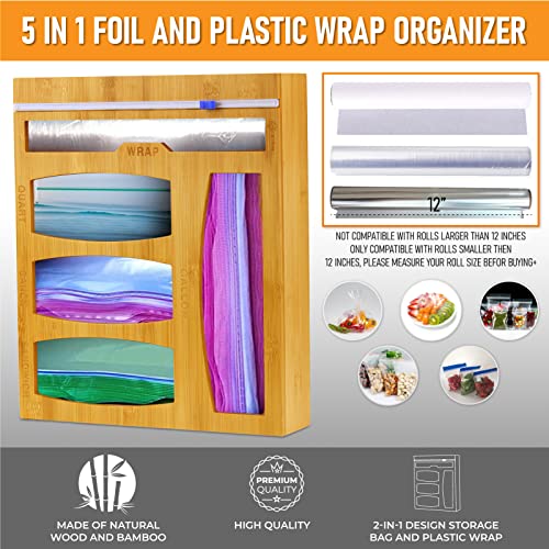 Ziplock Bag Organizer, Oil and Plastic wrap Organizer 5 in 1 Bamboo foil Dispenser with Cutter and Labels for Kitchen Drawers or Wall Mounted
