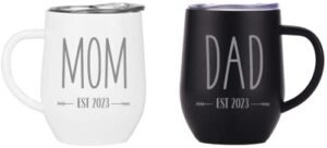 pregnancy gift est 2023- mom est 2023 dad est 2023 engraved stainless steel coffee tumblers - gift set for new parents to be-baby shower gifts for parents -mom and dad mugs for expecting parents