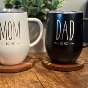 Pregnancy Gift Est 2023- Mom Est 2023 DAD Est 2023 ENGRAVED Stainless Steel Coffee Tumblers - Gift Set for New Parents to Be-Baby Shower Gifts for Parents -Mom and Dad Mugs for Expecting Parents