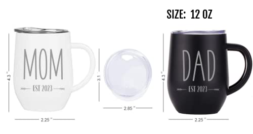 Pregnancy Gift Est 2023- Mom Est 2023 DAD Est 2023 ENGRAVED Stainless Steel Coffee Tumblers - Gift Set for New Parents to Be-Baby Shower Gifts for Parents -Mom and Dad Mugs for Expecting Parents