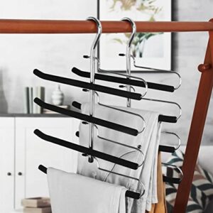 Pants Hangers, HAIZLUOP 2pcs Metal Space Saving Magic Hangers, 4 Layers (Black)