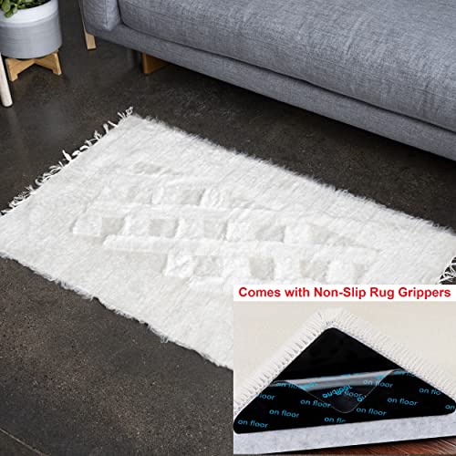 Dijle Handmade Mohair White Area Rugs comes w/ Non Slip Rug Stickers, Unique Soft Boho Runners for Bedroom, Bathroom, Hallway, Living Room, Kitchen, DiningRoom, Entryway Indoor, 32x48 inches 4' x 2'6"