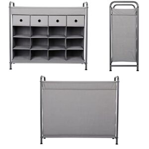 BirdRock Home 16 Cubby Shoe Rack Organizer with 4 Drawers - Grey - Free Standing Cabinet for Closet - Sturdy Metal Frame - Space Saver - Bedroom Organization