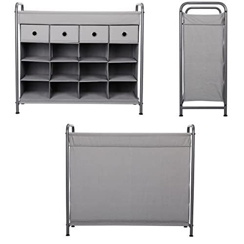 BirdRock Home 16 Cubby Shoe Rack Organizer with 4 Drawers - Grey - Free Standing Cabinet for Closet - Sturdy Metal Frame - Space Saver - Bedroom Organization