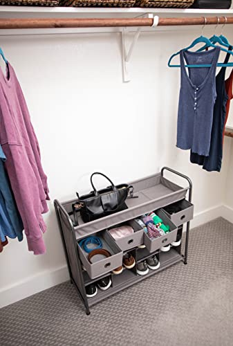 BirdRock Home 16 Cubby Shoe Rack Organizer with 4 Drawers - Grey - Free Standing Cabinet for Closet - Sturdy Metal Frame - Space Saver - Bedroom Organization