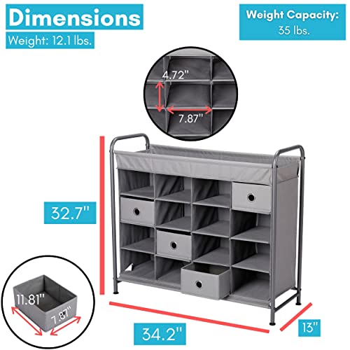 BirdRock Home 16 Cubby Shoe Rack Organizer with 4 Drawers - Grey - Free Standing Cabinet for Closet - Sturdy Metal Frame - Space Saver - Bedroom Organization