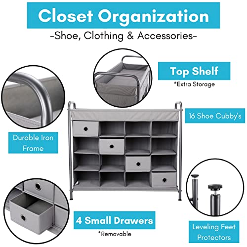 BirdRock Home 16 Cubby Shoe Rack Organizer with 4 Drawers - Grey - Free Standing Cabinet for Closet - Sturdy Metal Frame - Space Saver - Bedroom Organization