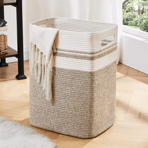 OIAHOMY Laundry Hamper-Laundry Basket,Tall Cotton Storage Basket with Handles,Decorative Blanket Basket for Living room,Collapsible Large Basket for Toys,Pillows,Clothes-16x13x22in-Yellow variegated