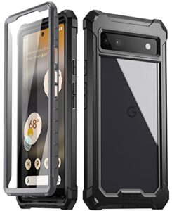 poetic guardian 6ft drop tested case for pixel 6a 5g - built-in screen protector, full body hybrid shockproof, black/clear