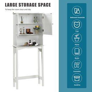 Merax, White Over-The-Toilet Shelf, Bathroom Storage Cabinet Organizer with Two Doors, Soild Wood Frame