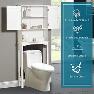 Merax, White Over-The-Toilet Shelf, Bathroom Storage Cabinet Organizer with Two Doors, Soild Wood Frame