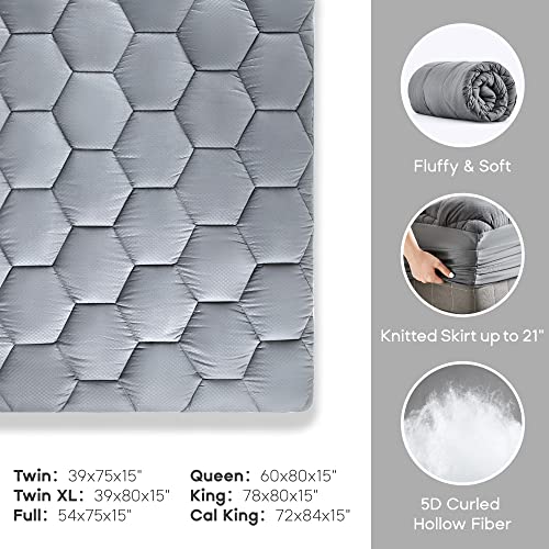 SONIVE Waterproof Mattress Pad Ultra Fluffy Soft Breathable Noiseless Quilted Fitted Mattress Protector Premuim Alternative Filling Topper Deep Pocket up to 21'' （Grey, Queen）