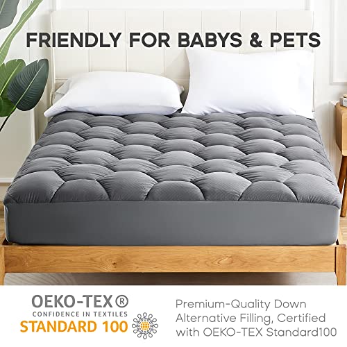 SONIVE Waterproof Mattress Pad Ultra Fluffy Soft Breathable Noiseless Quilted Fitted Mattress Protector Premuim Alternative Filling Topper Deep Pocket up to 21'' （Grey, Queen）