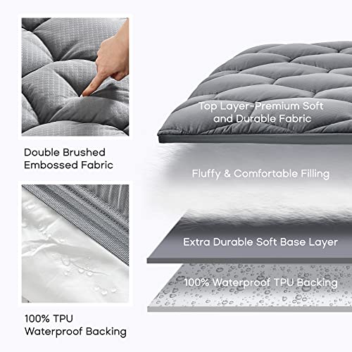 SONIVE Waterproof Mattress Pad Ultra Fluffy Soft Breathable Noiseless Quilted Fitted Mattress Protector Premuim Alternative Filling Topper Deep Pocket up to 21'' （Grey, Queen）