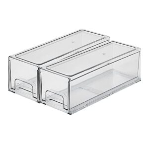 2 pack stackable refrigerator organizer bins with pull-out drawer clear plastic kitchen storage box for fridge and cabinets, 4.7" x 13.2" x 4.3"