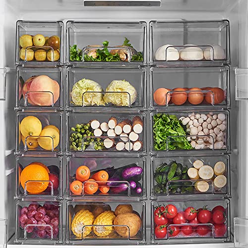 2 Pack Stackable Refrigerator Organizer Bins with Pull-out Drawer Clear Plastic Kitchen Storage Box for Fridge and Cabinets, 4.7" x 13.2" x 4.3"