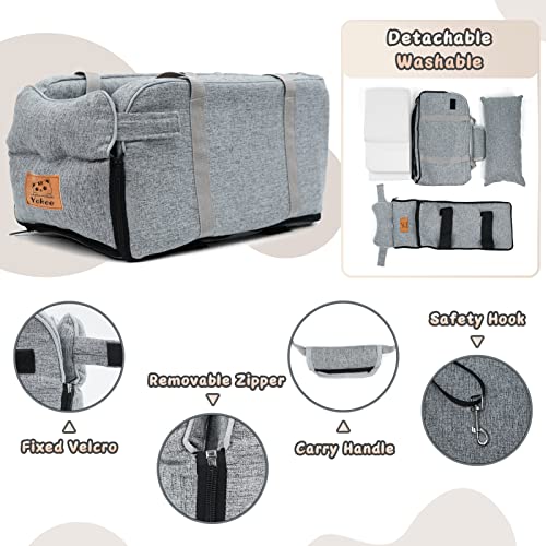 Yokee Dog Car Seat Center Console Dog Booster Seat Fully Detachable and Washable for Small Pets Up to 12 Lbs, Dogs and Cats CarSeat with Fixed Velcro and Straps, Fits Car, Home, Travel - Grey