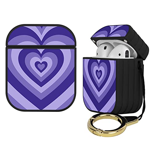 OOK Case Compatible with Airpods 1&2 Magnetic Closure Full Body Protective Hard Plastic Airpods Case Purple Heart Design Wireless Charging Black Cover with Ring Key-Chain