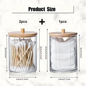 MKLZ 3 Pcs Qtip Holder and Cotton Round Pad Dispenser with Bamboo Lid, Small Clear Acrylic Containers for Cotton Swab/ball, Apothecary Jars Set for Bathroom/Restroom/Vanity/Makeup Storage Organizer