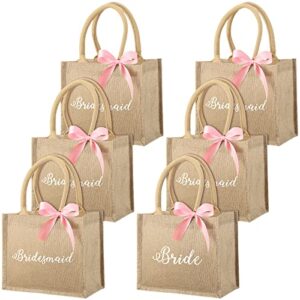 saintrygo 6 pack bridesmaid tote bags bridesmaid gift bags jute burlap tote bags with handles bride bags pink ribbons for wedding (9.84 x 7.87 x 4.92'')