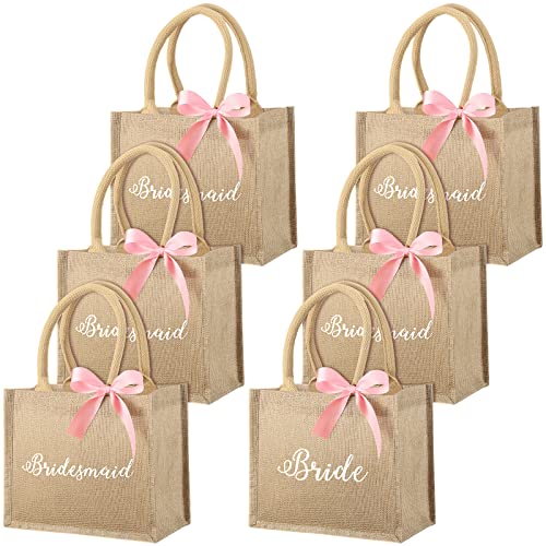 Saintrygo 6 Pack Bridesmaid Tote Bags Bridesmaid Gift Bags Jute Burlap Tote Bags with Handles Bride Bags Pink Ribbons for Wedding (9.84 x 7.87 x 4.92'')