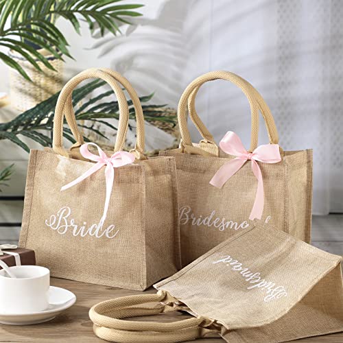 Saintrygo 6 Pack Bridesmaid Tote Bags Bridesmaid Gift Bags Jute Burlap Tote Bags with Handles Bride Bags Pink Ribbons for Wedding (9.84 x 7.87 x 4.92'')