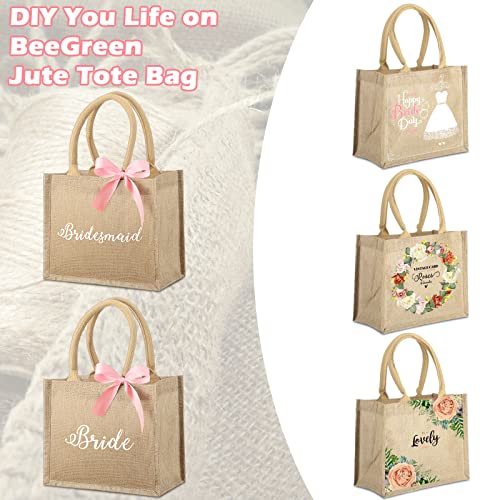 Saintrygo 6 Pack Bridesmaid Tote Bags Bridesmaid Gift Bags Jute Burlap Tote Bags with Handles Bride Bags Pink Ribbons for Wedding (9.84 x 7.87 x 4.92'')