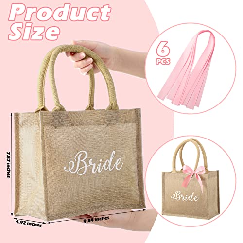 Saintrygo 6 Pack Bridesmaid Tote Bags Bridesmaid Gift Bags Jute Burlap Tote Bags with Handles Bride Bags Pink Ribbons for Wedding (9.84 x 7.87 x 4.92'')