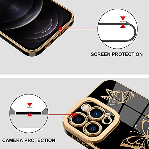 Jefonha for iPhone 12 Pro Max 6.7 Inch Luxury Plating Cute Butterflies Cover with Screen Protector Fun Cute Side Pattern Soft TPU Shockproof Full Camera Lens Protection Electroplated Case - Black