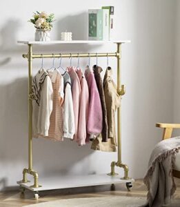 child clothes rack, kids garment rack dress-up closet, rolling pipe open clothing rack with storage shelf, industrial wood metal clothes organizer (two tiers one hanging rod kids garment rack)