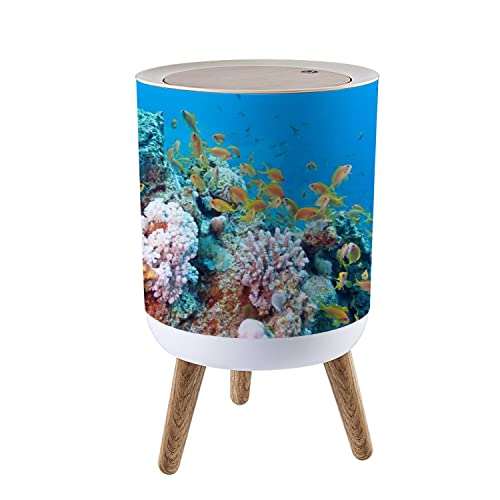 OJNR36WKPD Small Trash Can with Lid Coral Reef with Shoal of Fishes scalefin anthias Underwater Wood Legs Press Cover Garbage Bin Round Waste Bin Wastebasket for Kitchen Bathroom Office 7L/1.8 Gallon