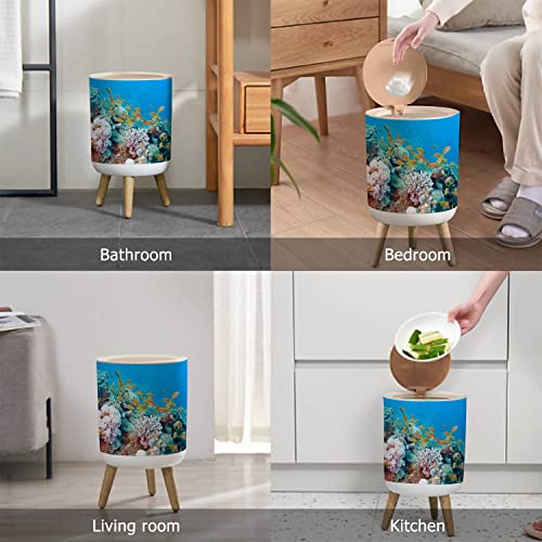 OJNR36WKPD Small Trash Can with Lid Coral Reef with Shoal of Fishes scalefin anthias Underwater Wood Legs Press Cover Garbage Bin Round Waste Bin Wastebasket for Kitchen Bathroom Office 7L/1.8 Gallon