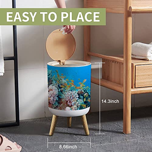 OJNR36WKPD Small Trash Can with Lid Coral Reef with Shoal of Fishes scalefin anthias Underwater Wood Legs Press Cover Garbage Bin Round Waste Bin Wastebasket for Kitchen Bathroom Office 7L/1.8 Gallon