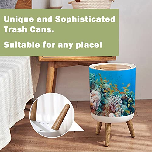 OJNR36WKPD Small Trash Can with Lid Coral Reef with Shoal of Fishes scalefin anthias Underwater Wood Legs Press Cover Garbage Bin Round Waste Bin Wastebasket for Kitchen Bathroom Office 7L/1.8 Gallon