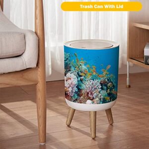 OJNR36WKPD Small Trash Can with Lid Coral Reef with Shoal of Fishes scalefin anthias Underwater Wood Legs Press Cover Garbage Bin Round Waste Bin Wastebasket for Kitchen Bathroom Office 7L/1.8 Gallon