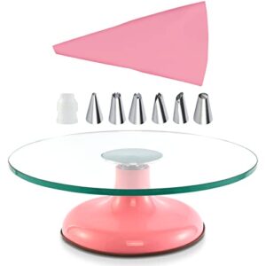 distlety 12 inches cake turntable, cake turntable rotating cake decorating, ultra quiet glass turntable cake stand with pink sturdy base