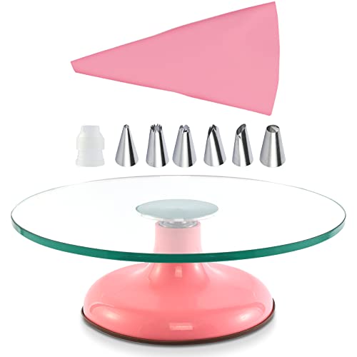 Distlety 12 Inches Cake Turntable, Cake Turntable Rotating Cake Decorating, Ultra Quiet Glass Turntable Cake Stand with Pink Sturdy Base