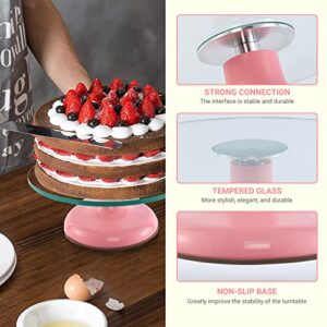 Distlety 12 Inches Cake Turntable, Cake Turntable Rotating Cake Decorating, Ultra Quiet Glass Turntable Cake Stand with Pink Sturdy Base