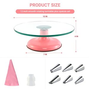 Distlety 12 Inches Cake Turntable, Cake Turntable Rotating Cake Decorating, Ultra Quiet Glass Turntable Cake Stand with Pink Sturdy Base