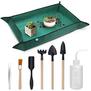 anglekai oxford fabric plant repotting mat 43.3" x 29.5", waterproof gardening transplanting potting mat for indoor, with 7pcs succulent plant tools kit with tarp mat for plant