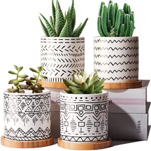 jofamy succulent pots, 4 pack ceramic planters for indoor plants, boho original design flower pots with drainage hole, bamboo tray. stylish plant pots for succulents, aloe, cactus, home office decor