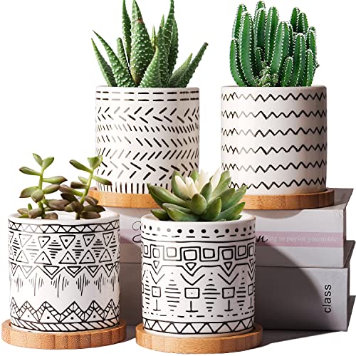 JOFAMY Succulent Pots, 4 Pack Ceramic Planters for Indoor Plants, Boho Original Design Flower Pots with Drainage Hole, Bamboo Tray. Stylish Plant Pots for Succulents, Aloe, Cactus, Home Office Decor